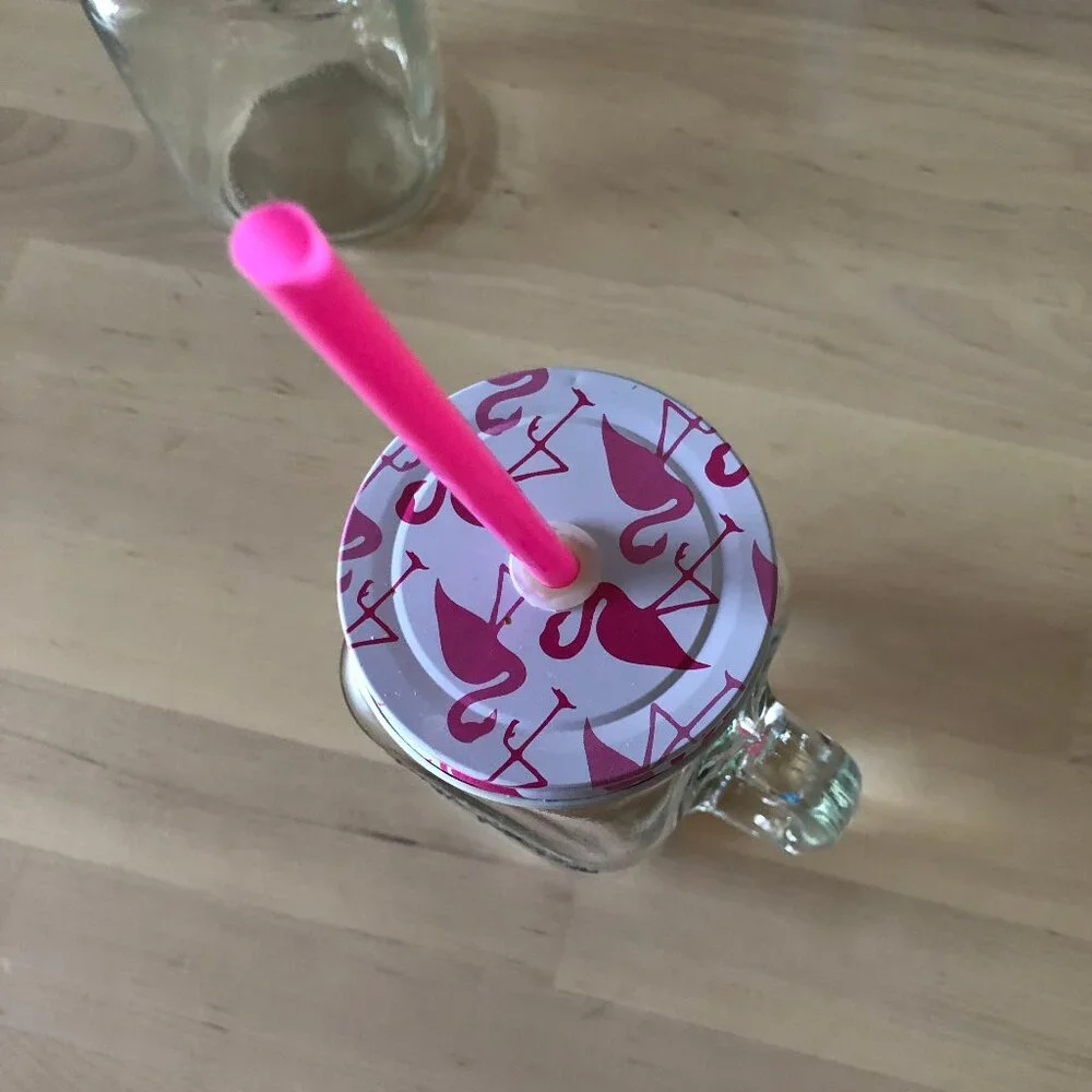 Mason Jar with Handle - Pink Flamingo Lid & Straw